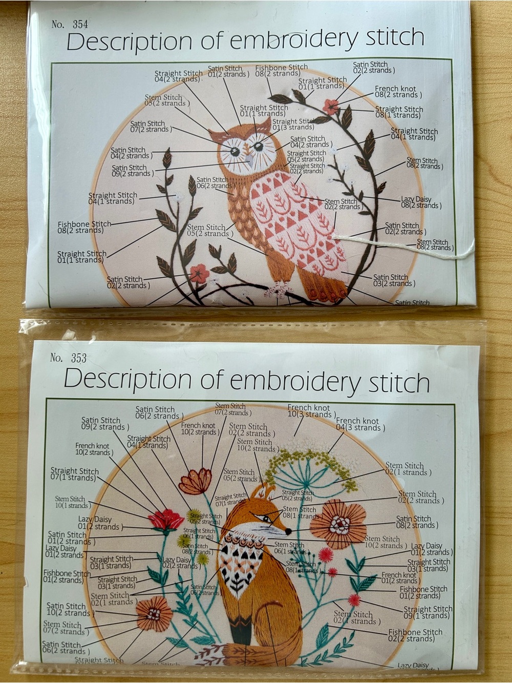 BRAND NEW Embroidery Kit Owl and Fox With Stitch Guide